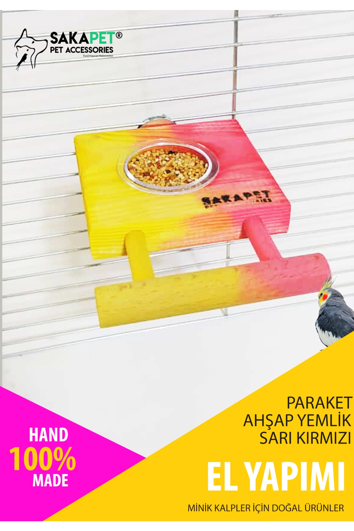 Sarı%20Kırmızı%20Doğal%20Ahşap%20Tünekli%20Tekli%20Yemlik